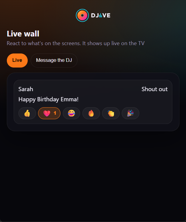 Interactive video wall Live tab on a guest phone reacting to the DJ TV