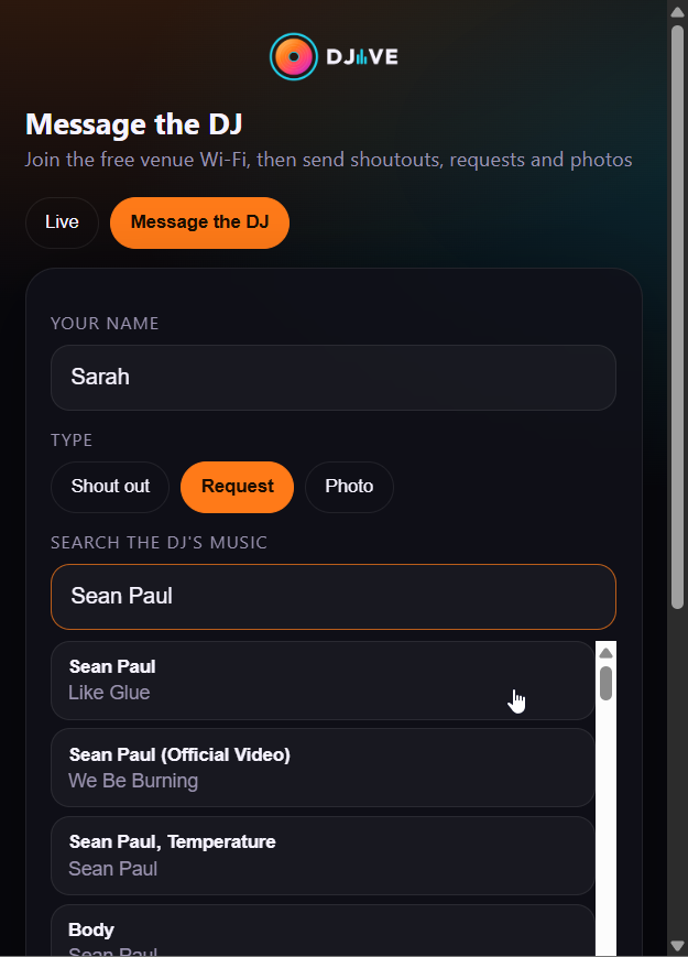 Guest song request search