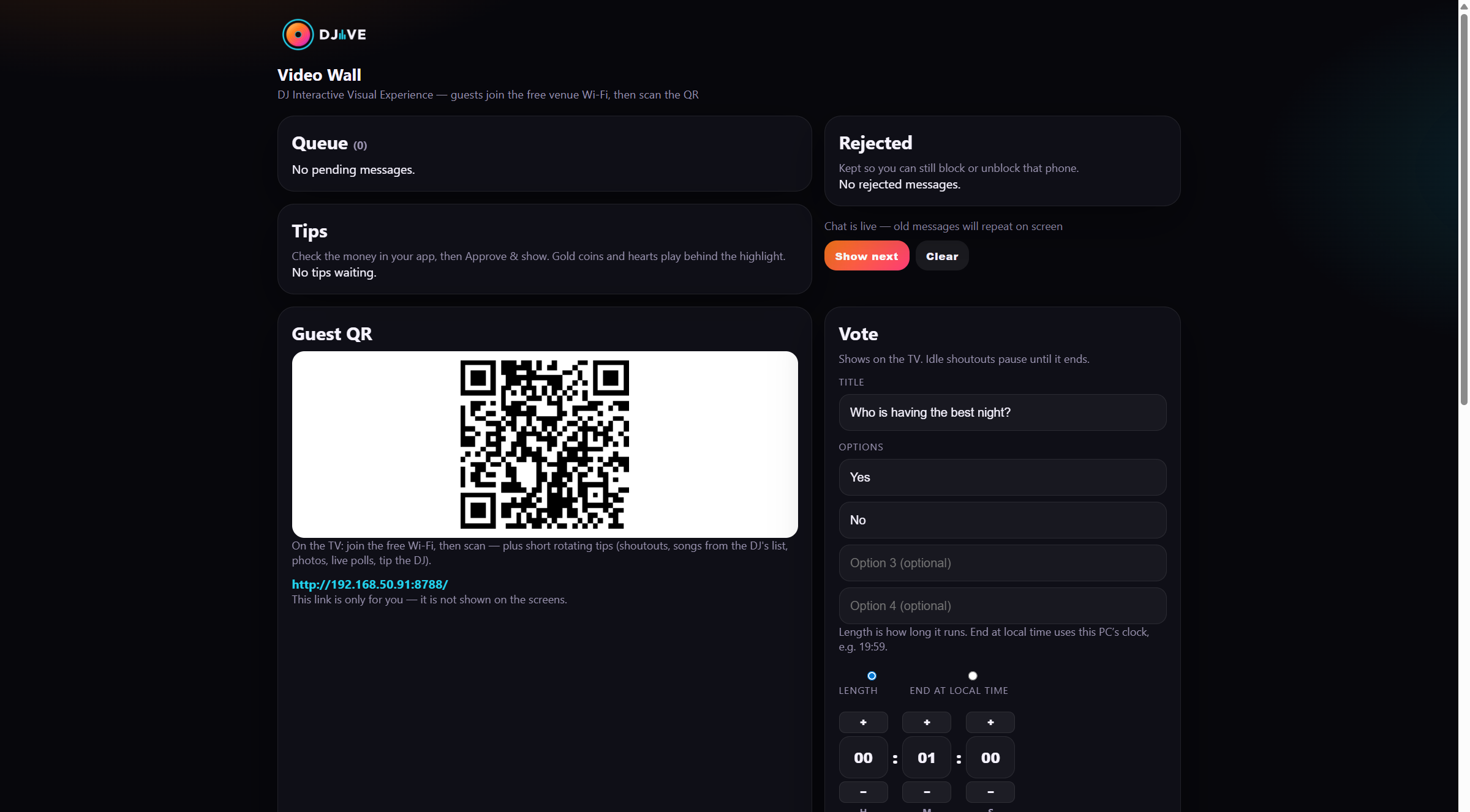 DJIVE booth moderator with queue, guest QR, and live vote