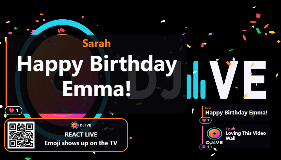 Guest shoutout Happy Birthday Emma on a DJIVE Video Wall overlay with confetti